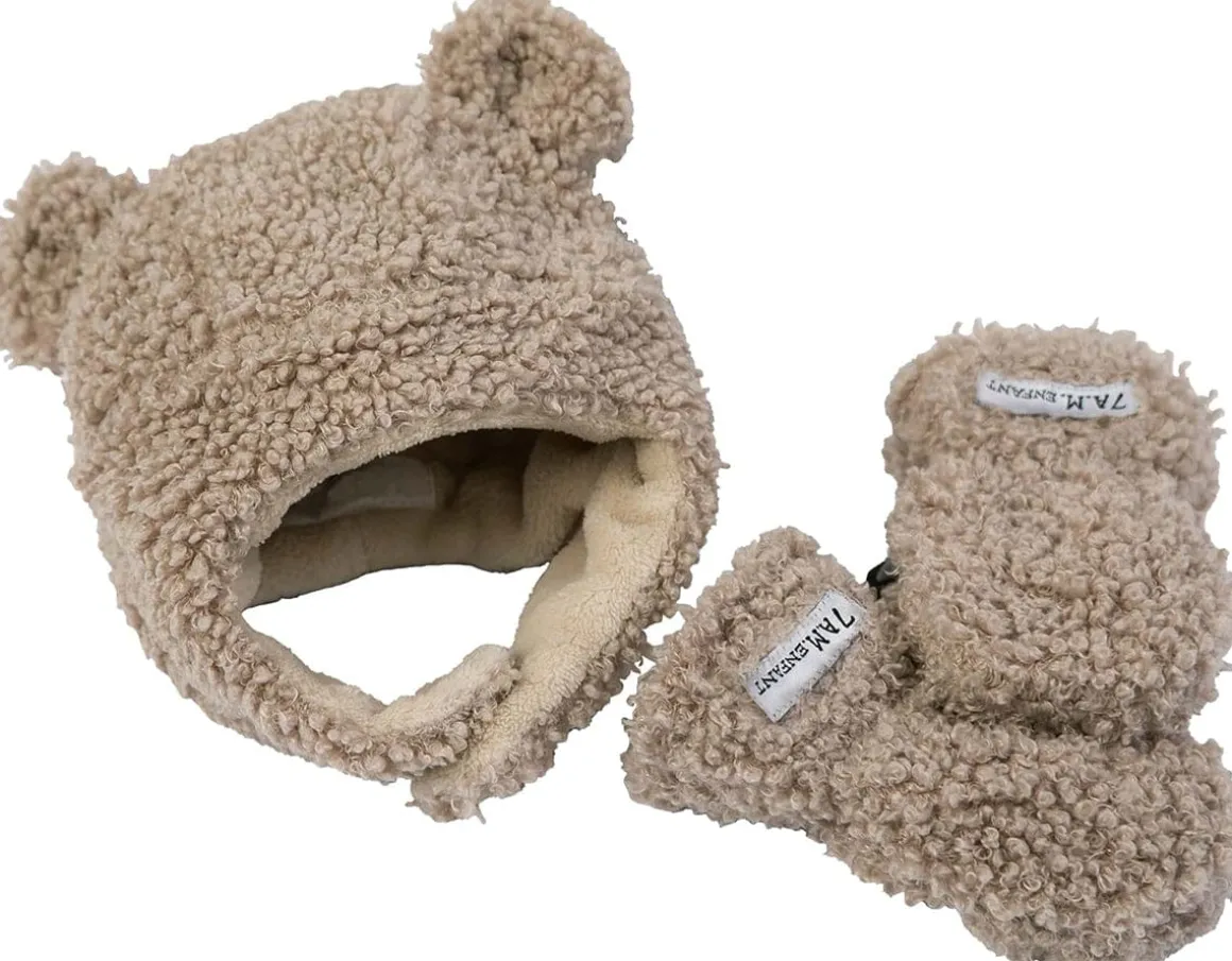 7AM Enfant The Cub Mitten & Hat Set - Teddy - Oatmeal Teddy (0-6m)