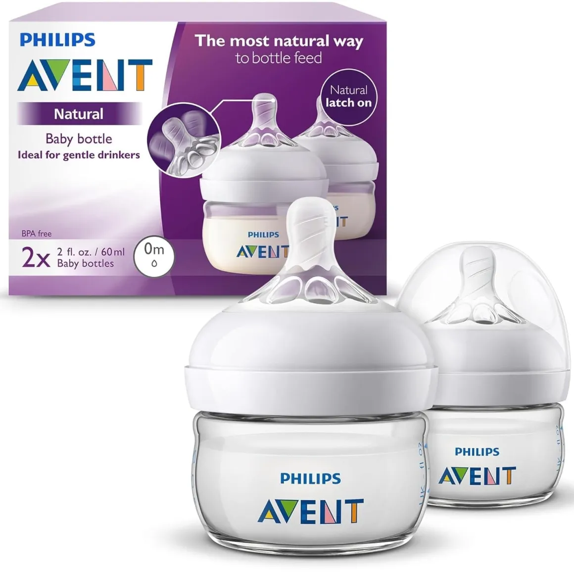 Avent Natural Baby Bottles, with First Flow Nipple, 2OZ, 2 Pack