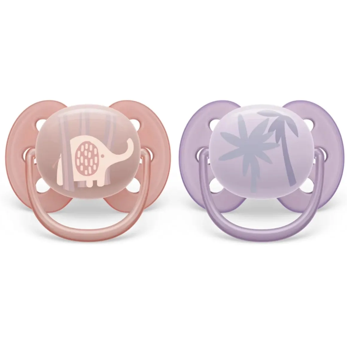 Avent Ultra Soft Pacifier 0-6m, Lychee Elephant / Lilac Palms, 2 pack