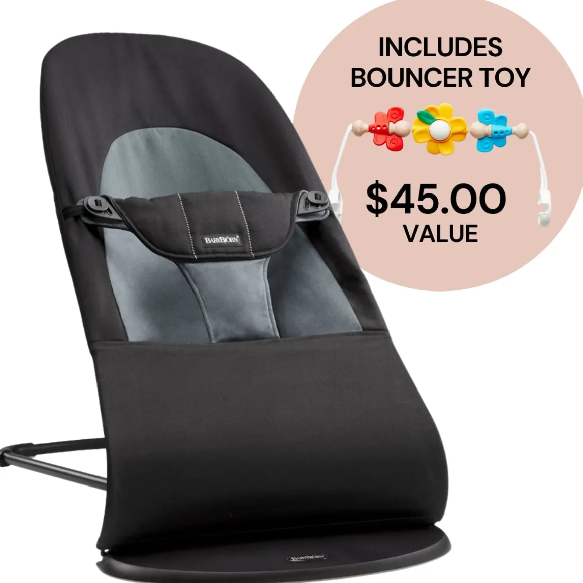 BabyBjorn Bouncer + Toy Bundle - Balance Soft (Cotton) Black / Dark Gray / Flying Friends