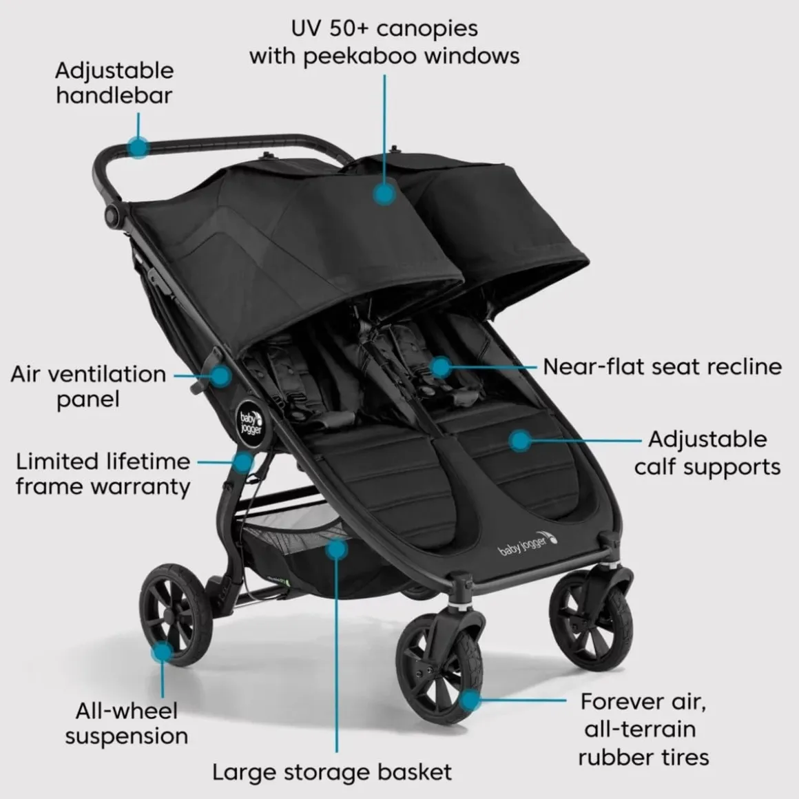 Baby Jogger City Mini GT2 Double Stroller + Glider Board Bundle - Jet