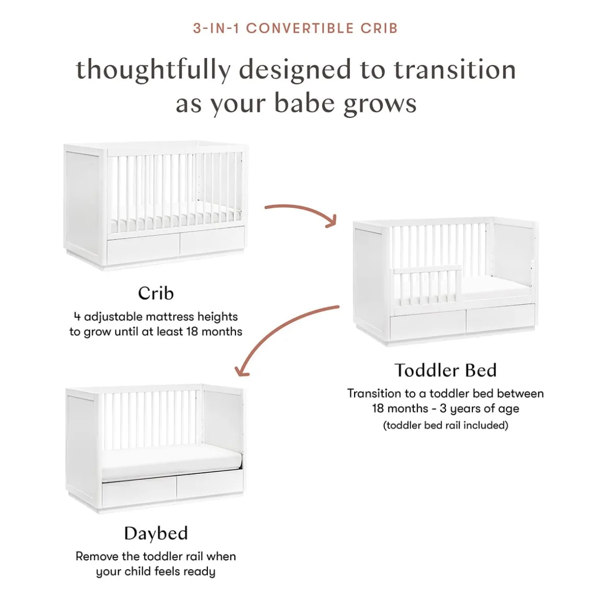 Babyletto Bento 3-in-1 Convertible Storage Crib w/ Toddler Bed Conversion Kit - White
