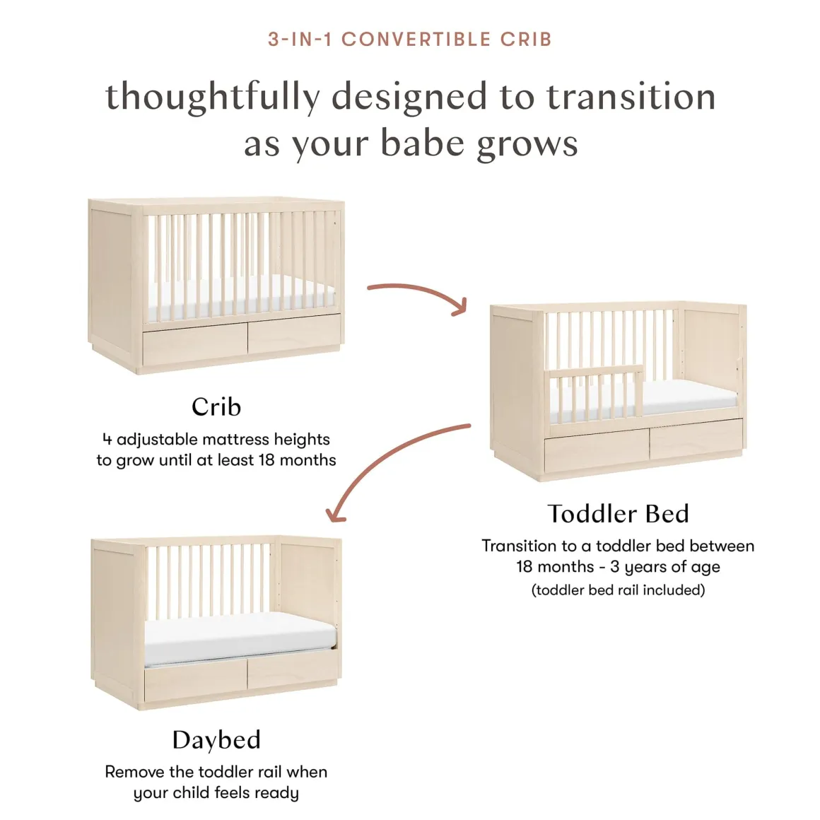 Babyletto Bento 3-in-1 Convertible Storage Crib w/Toddler Bed Conversion Kit - Washed Natural