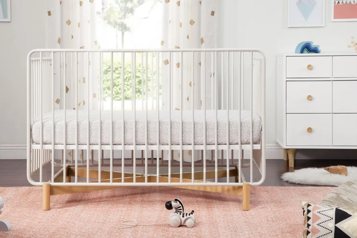 Babyletto Bixby Metal Crib with Toddler Bed Conversion Kit - Warm White / Walnut Stain