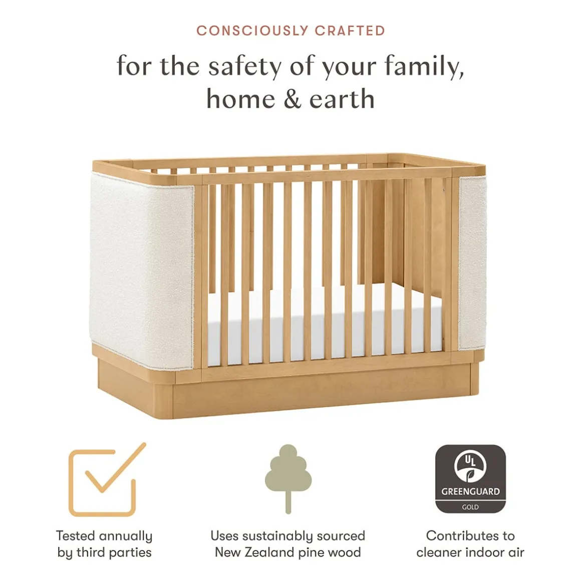 Babyletto Bondi Boucle 4-in-1 Convertible Crib w/ Toddler Bed Conversion Kit - Honey / Ivory Boucle