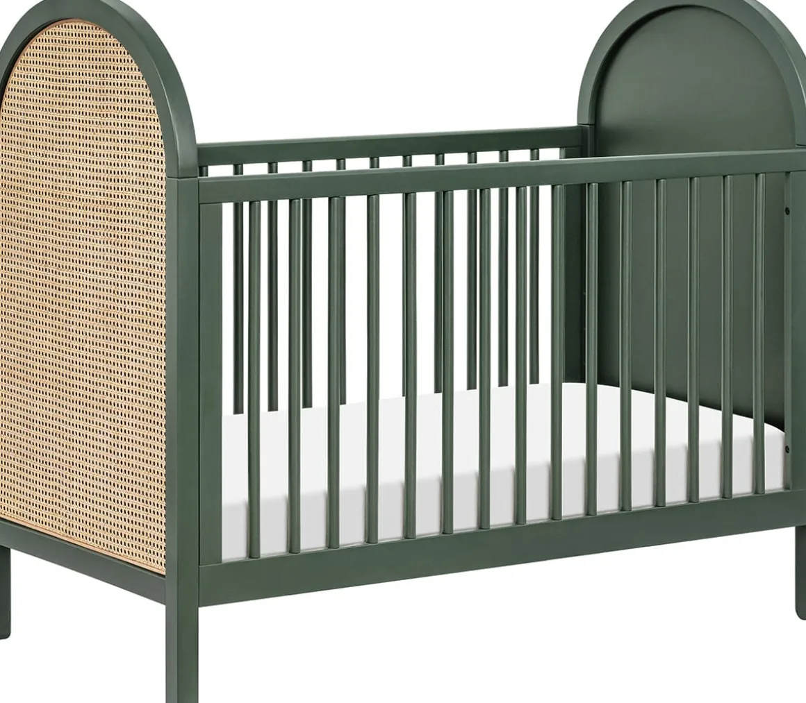 Babyletto Bondi Cane 3-in-1 Convertible Crib w/ Toddler Bed Conversion Kit - Forest Green / Natural Cane