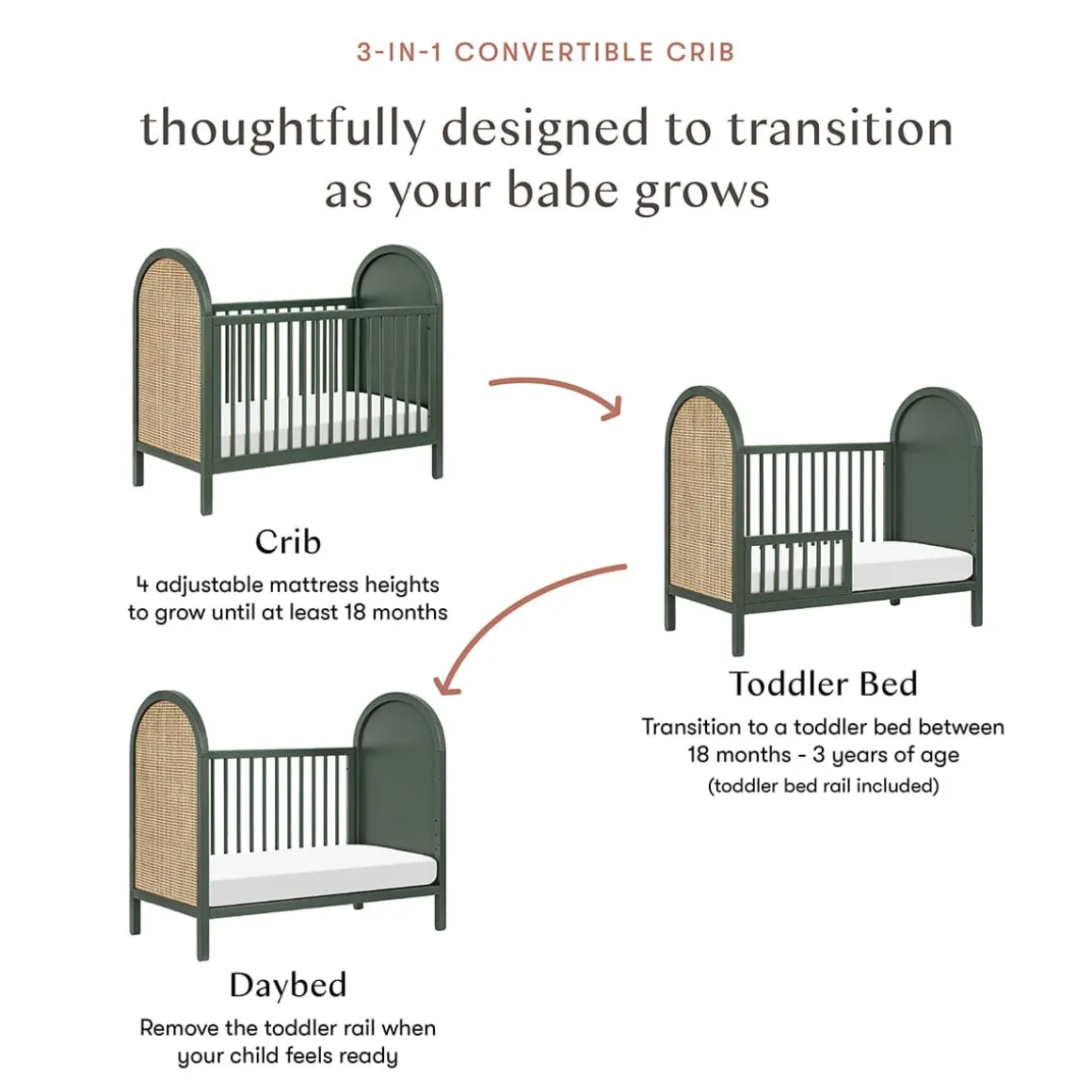 Babyletto Bondi Cane 3-in-1 Convertible Crib w/ Toddler Bed Conversion Kit - Forest Green / Natural Cane