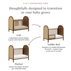 Babyletto Bondi Cane 3-in-1 Convertible Crib w/ Toddler Bed Conversion Kit - Natural Walnut / Natural Cane