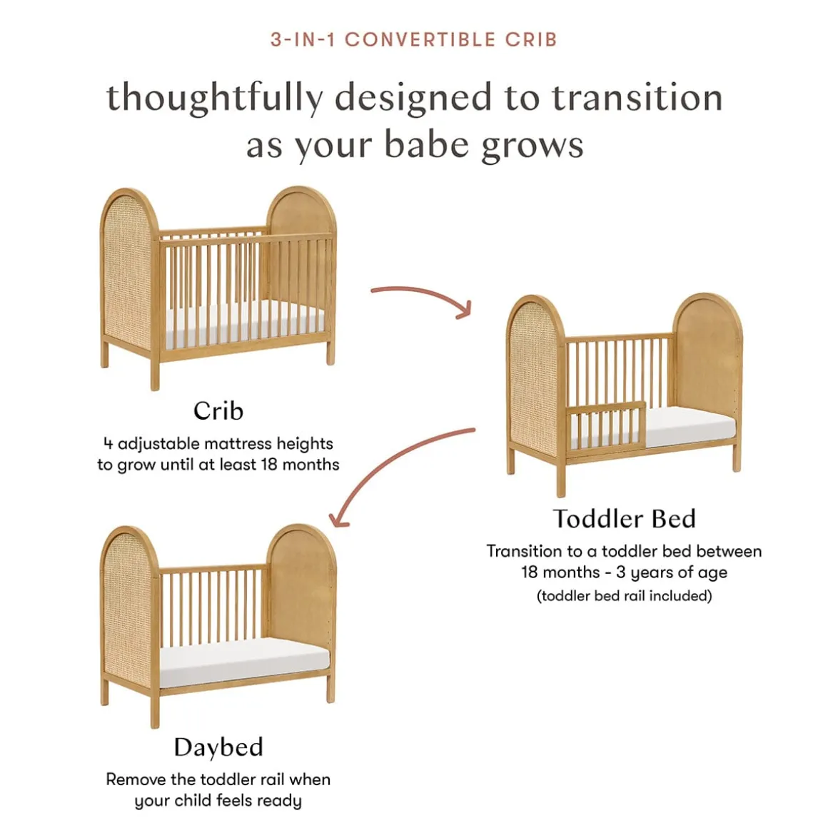 Babyletto Bondi Cane 3-in-1 Convertible Crib w/Toddler Bed Conversion Kit - Honey / Natural Cane