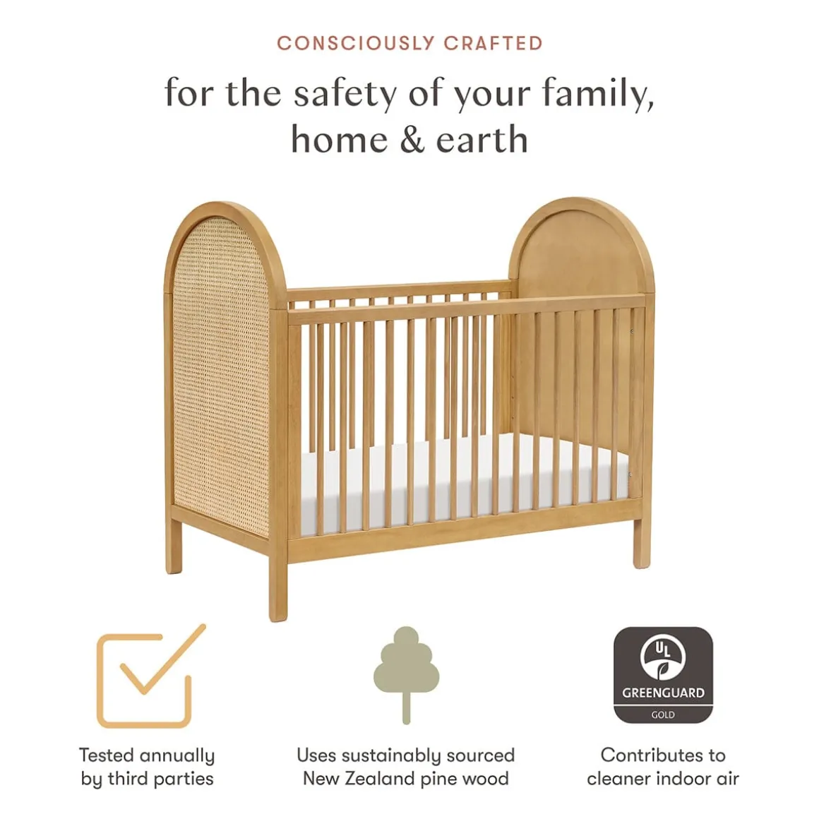 Babyletto Bondi Cane 3-in-1 Convertible Crib w/Toddler Bed Conversion Kit - Honey / Natural Cane