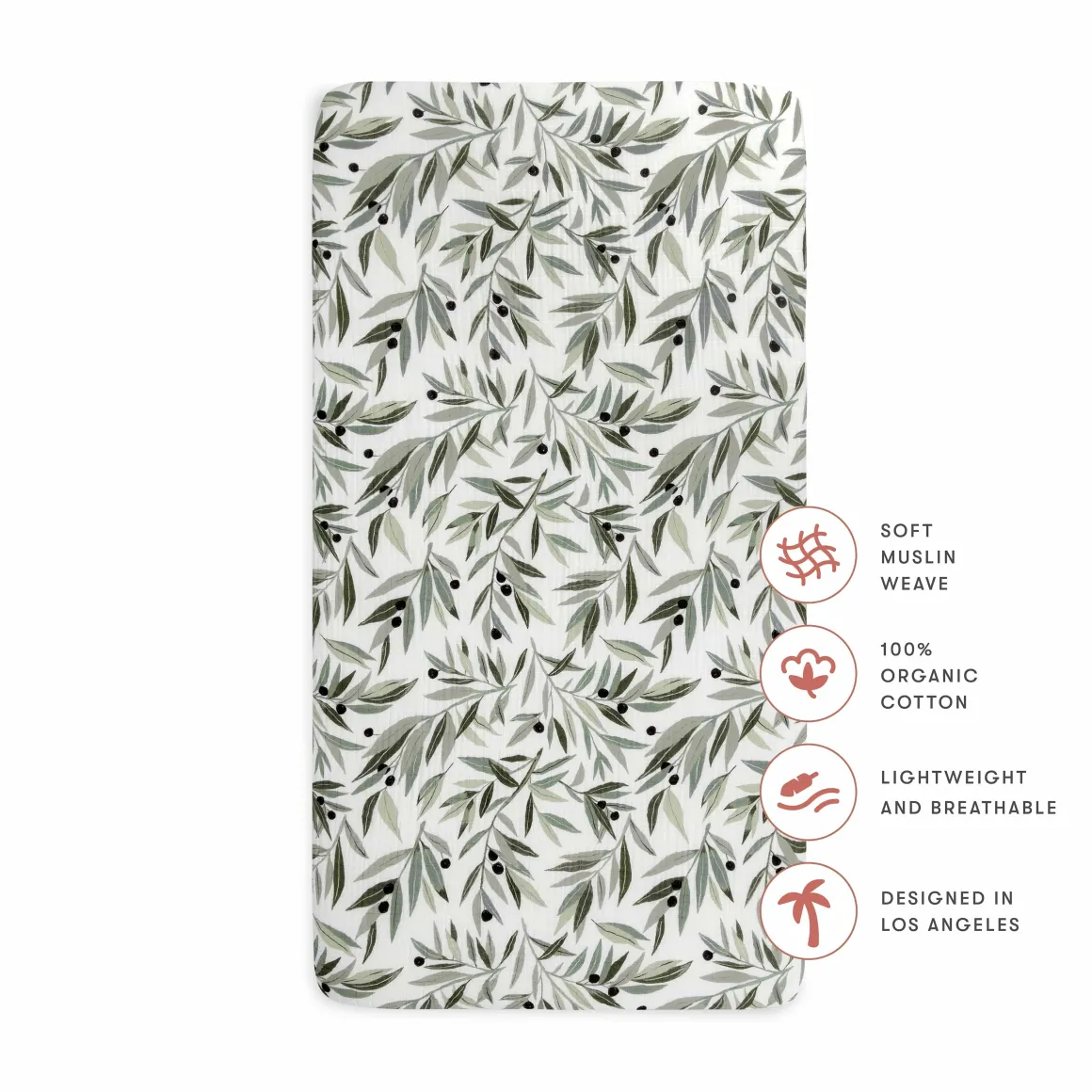 Babyletto Crib Sheet in GOTS Certified Organic Muslin Cotton-Olive Branches