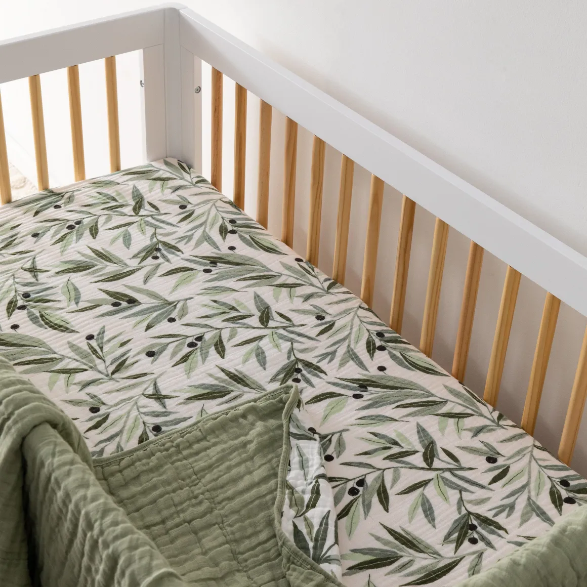 Babyletto Crib Sheet in GOTS Certified Organic Muslin Cotton-Olive Branches
