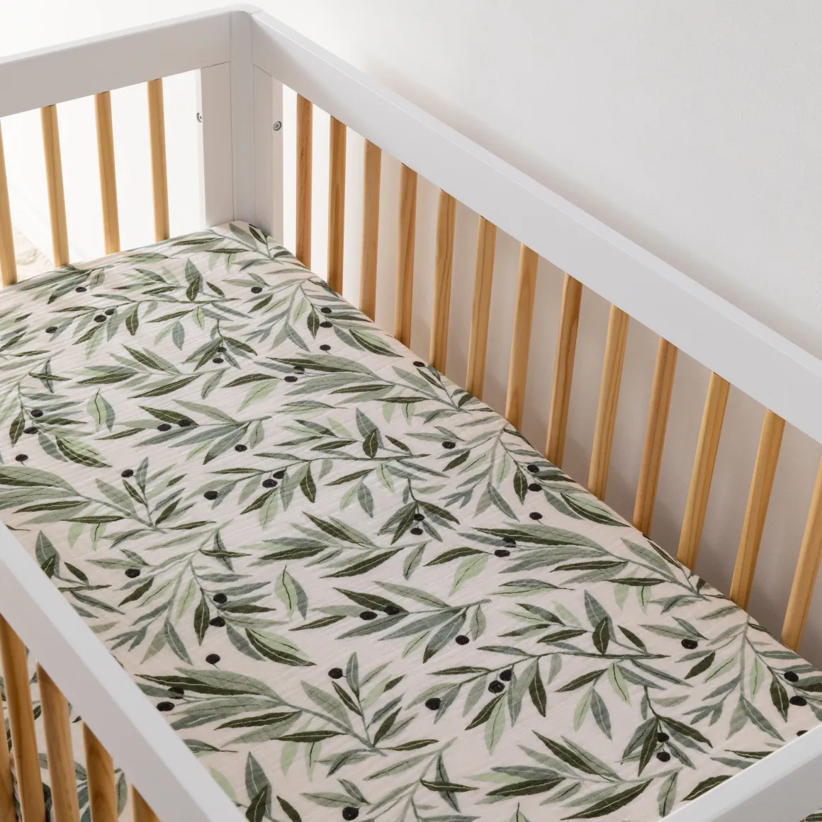 Babyletto Crib Sheet in GOTS Certified Organic Muslin Cotton-Olive Branches