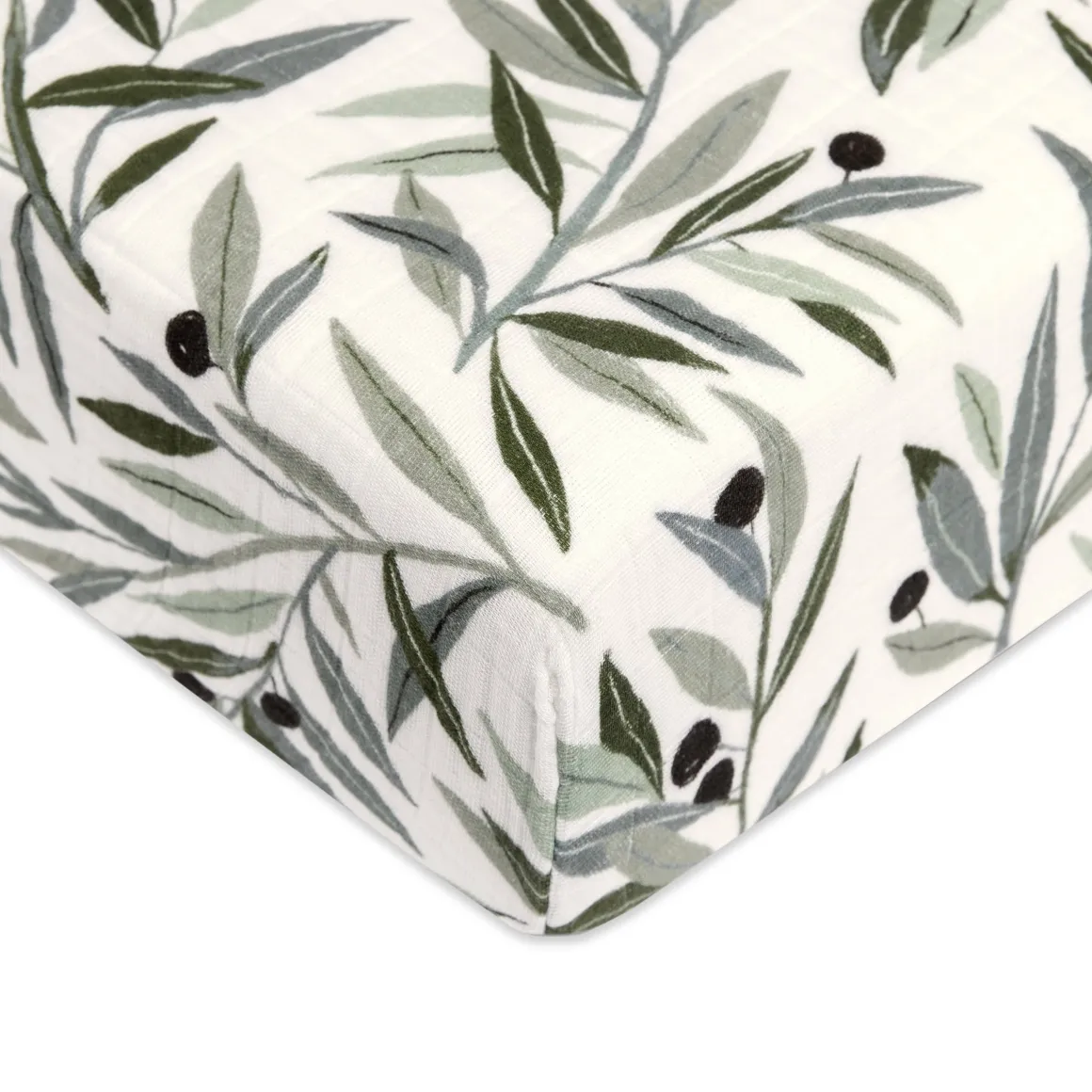 Babyletto Crib Sheet in GOTS Certified Organic Muslin Cotton-Olive Branches