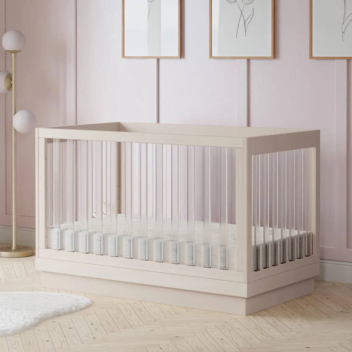 Babyletto Harlow Acrylic 3-in-1 Convertible Crib w/Toddler Bed Conversion Kit - Washed Natural / Acrylic