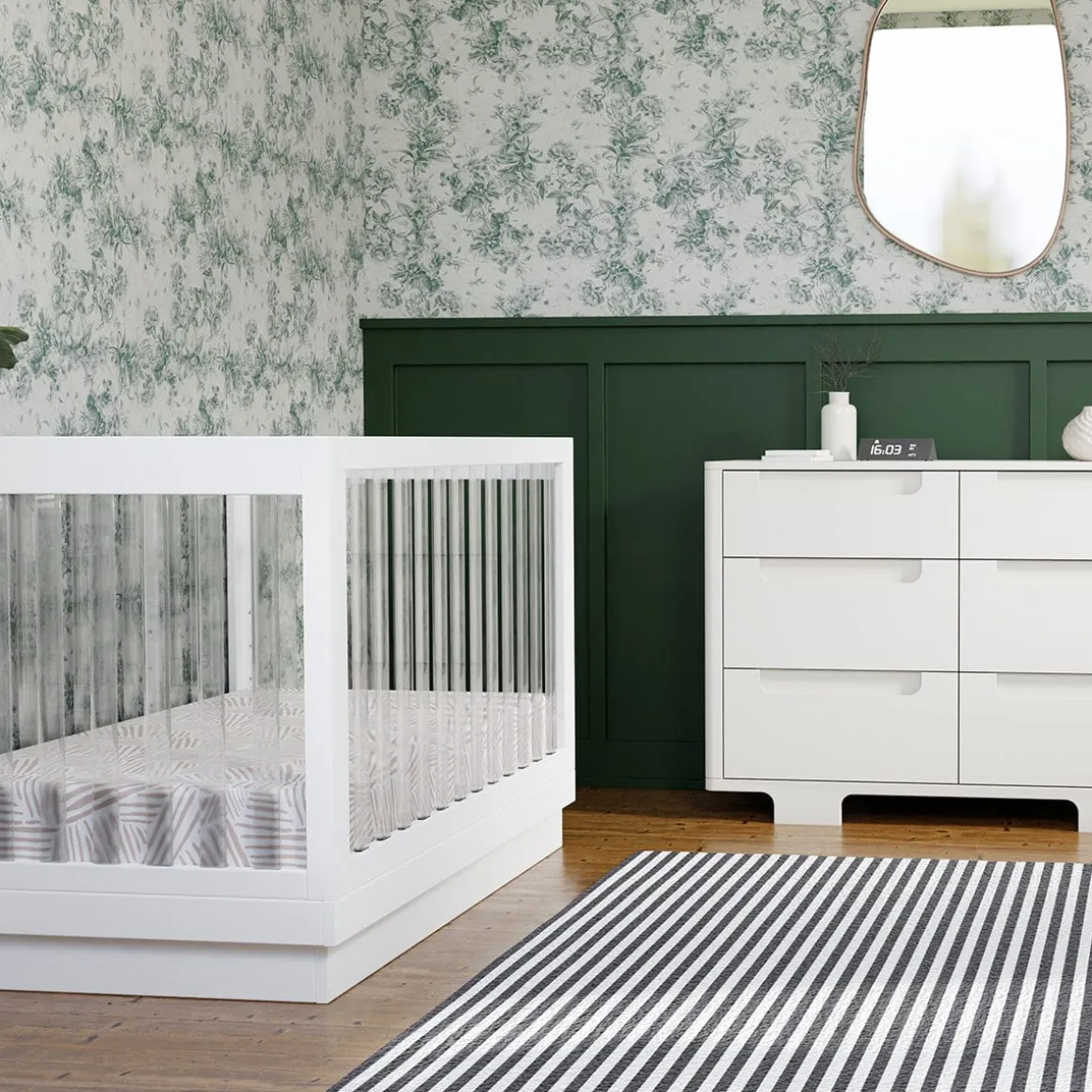Babyletto Harlow Acrylic 3-in-1 Convertible Crib w/Toddler Bed Conversion Kit - White / Acrylic