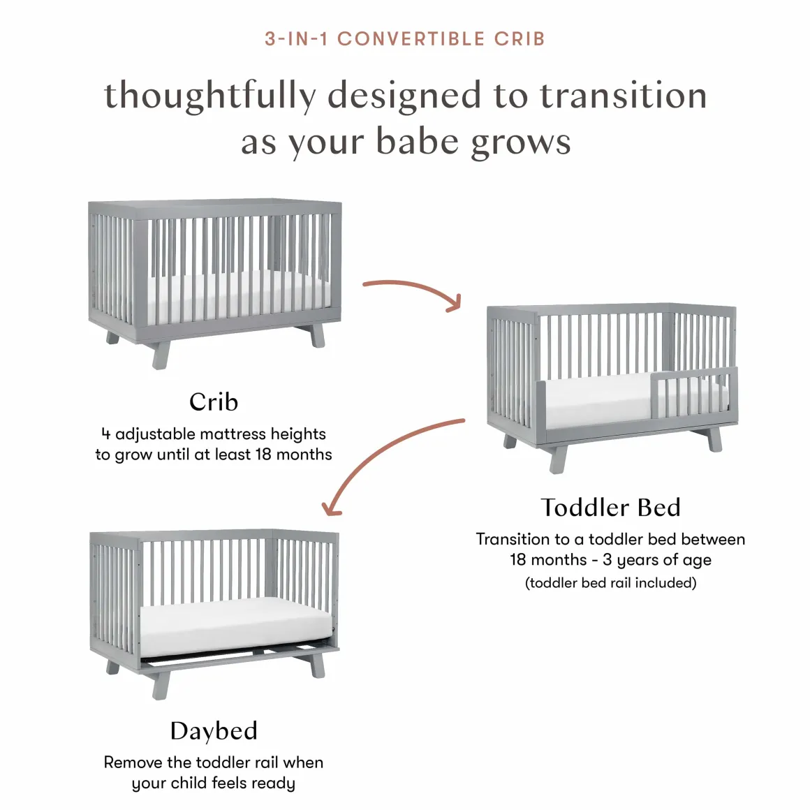 Babyletto Hudson 3-in-1 Convertible Crib with Toddler Bed Conversion Kit - Grey