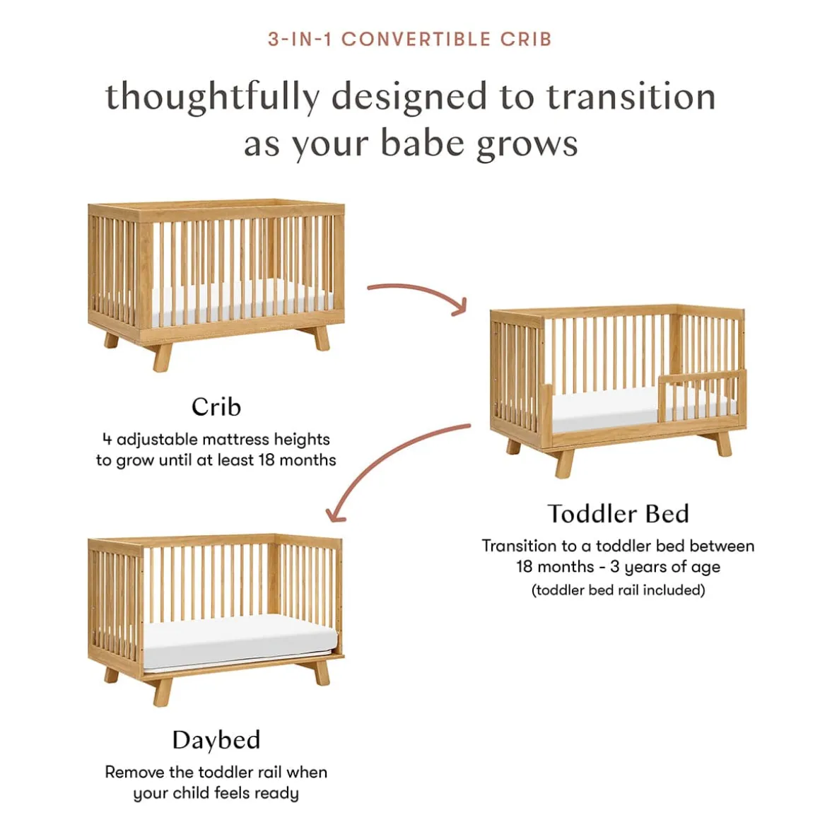 Babyletto Hudson 3-in-1 Convertible Crib with Toddler Bed Conversion Kit - Honey