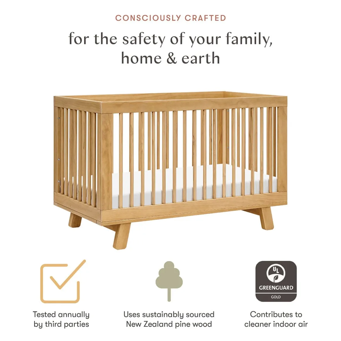 Babyletto Hudson 3-in-1 Convertible Crib with Toddler Bed Conversion Kit - Honey