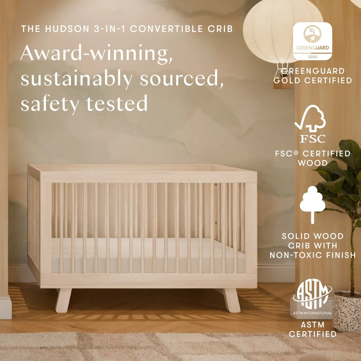 Babyletto Hudson 3-in-1 Convertible Crib with Toddler Bed Conversion Kit - Washed Natural