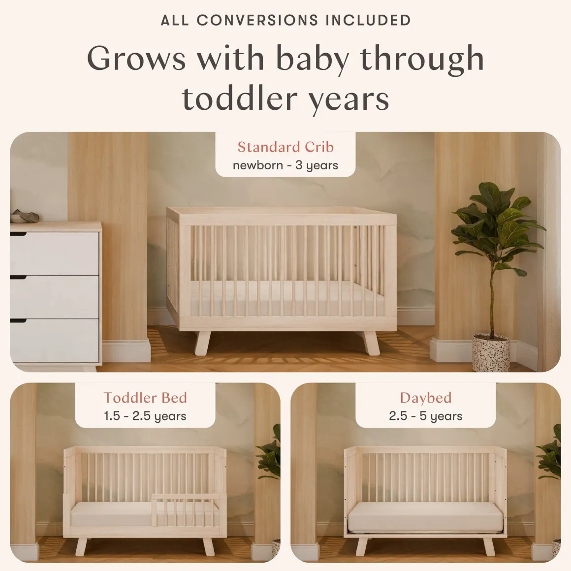 Babyletto Hudson 3-in-1 Convertible Crib with Toddler Bed Conversion Kit - Washed Natural