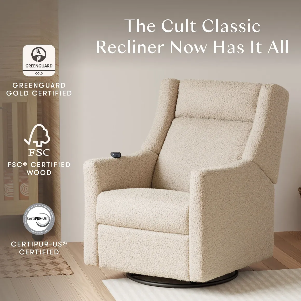 Babyletto Kiwi Deluxe Power Recliner and Swivel Glider with Heat and Massage - Almond Teddy Loop