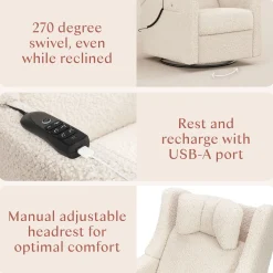 Babyletto Kiwi Deluxe Power Recliner and Swivel Glider with Heat and Massage - Almond Teddy Loop