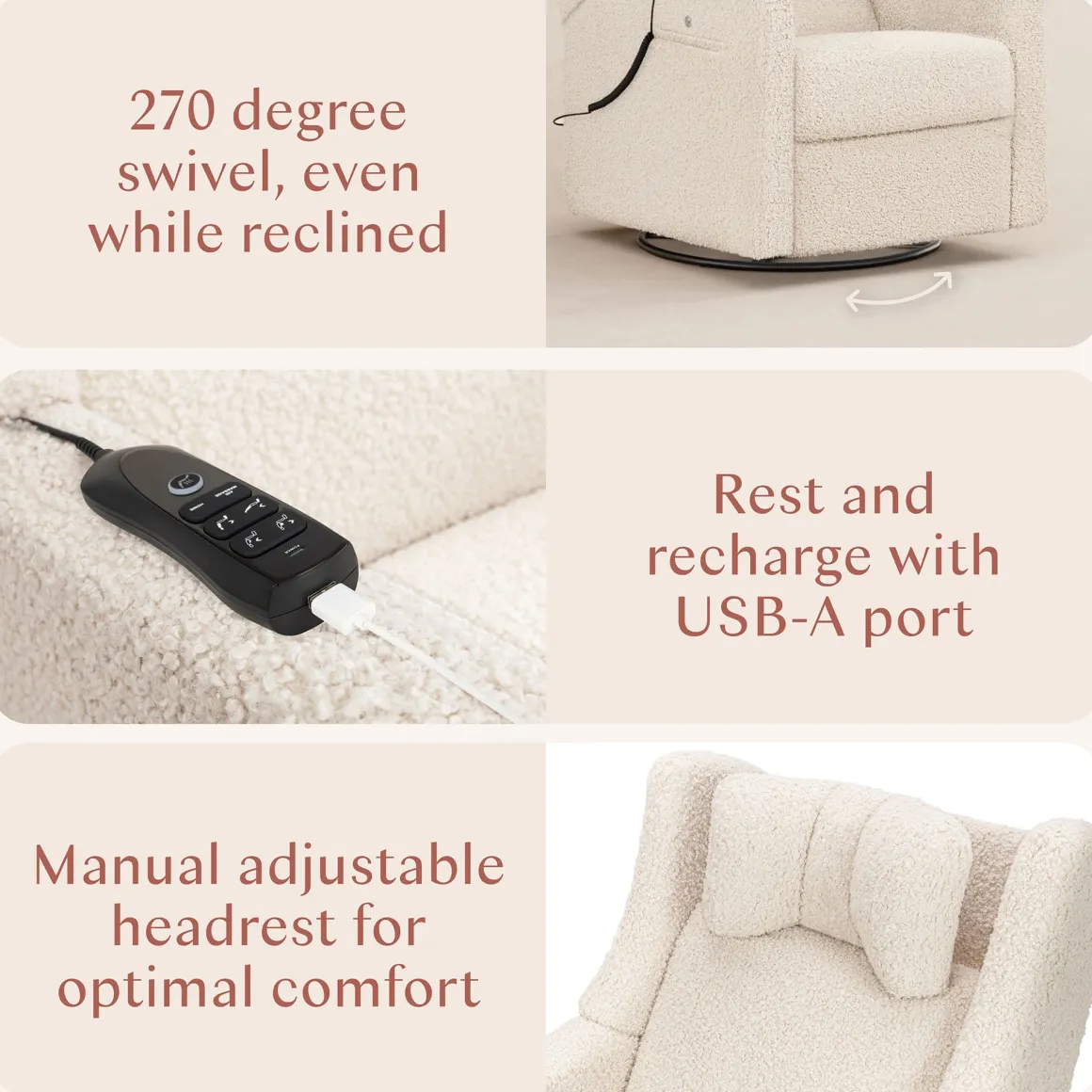 Babyletto Kiwi Deluxe Power Recliner and Swivel Glider with Heat and Massage - Almond Teddy Loop