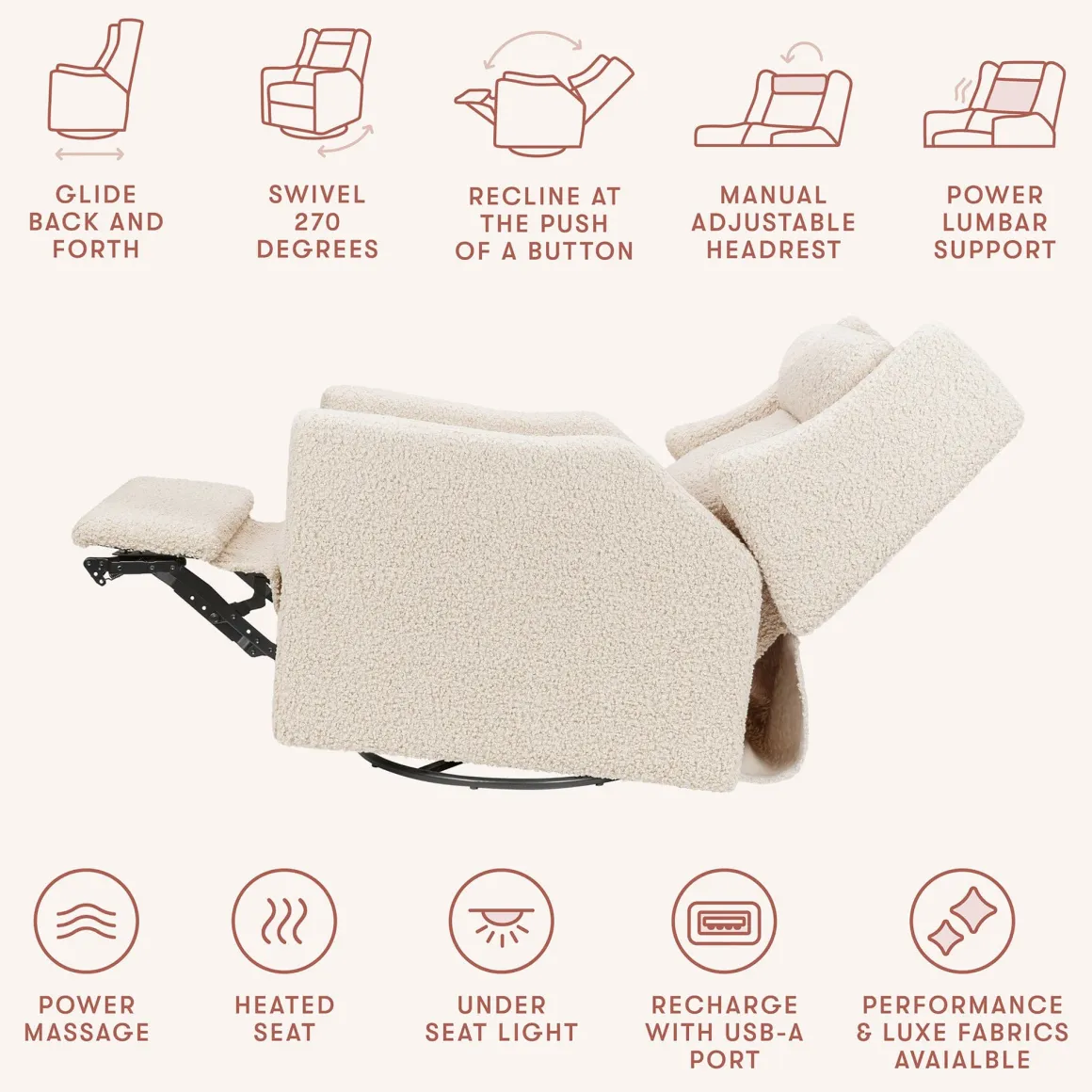 Babyletto Kiwi Deluxe Power Recliner and Swivel Glider with Heat and Massage - Almond Teddy Loop