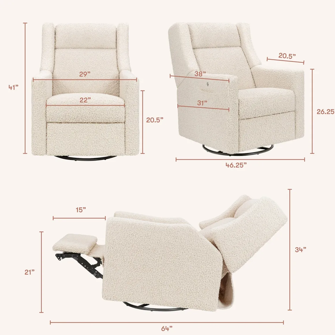 Babyletto Kiwi Deluxe Power Recliner and Swivel Glider with Heat and Massage - Almond Teddy Loop
