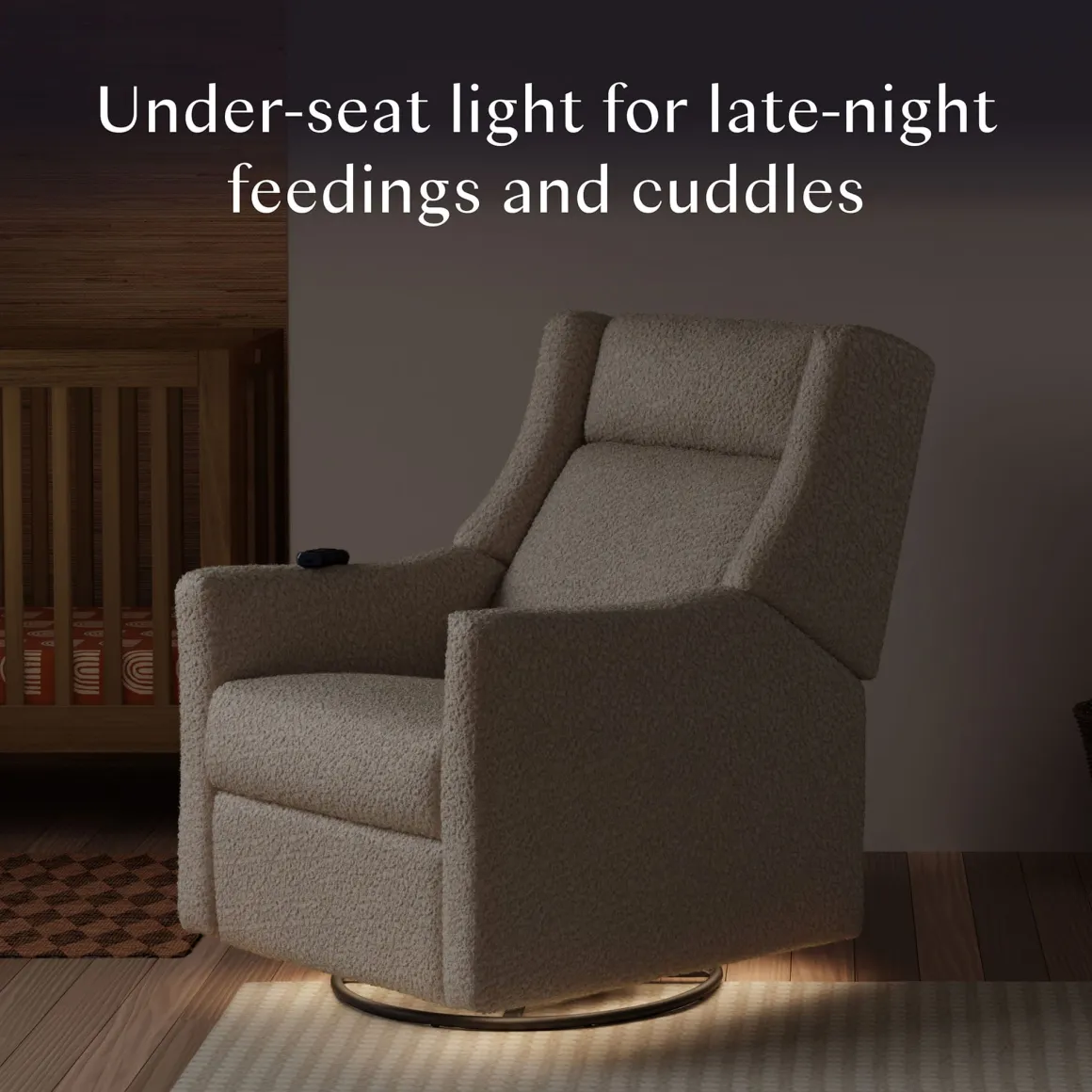 Babyletto Kiwi Deluxe Power Recliner and Swivel Glider with Heat and Massage - Almond Teddy Loop