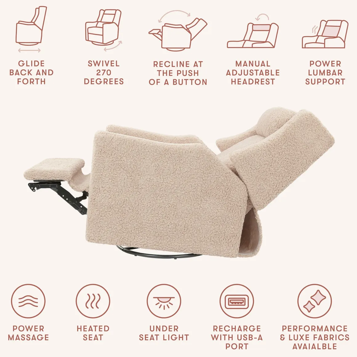 Babyletto Kiwi Deluxe Power Recliner and Swivel Glider with Heat and Massage - Chai Shearling