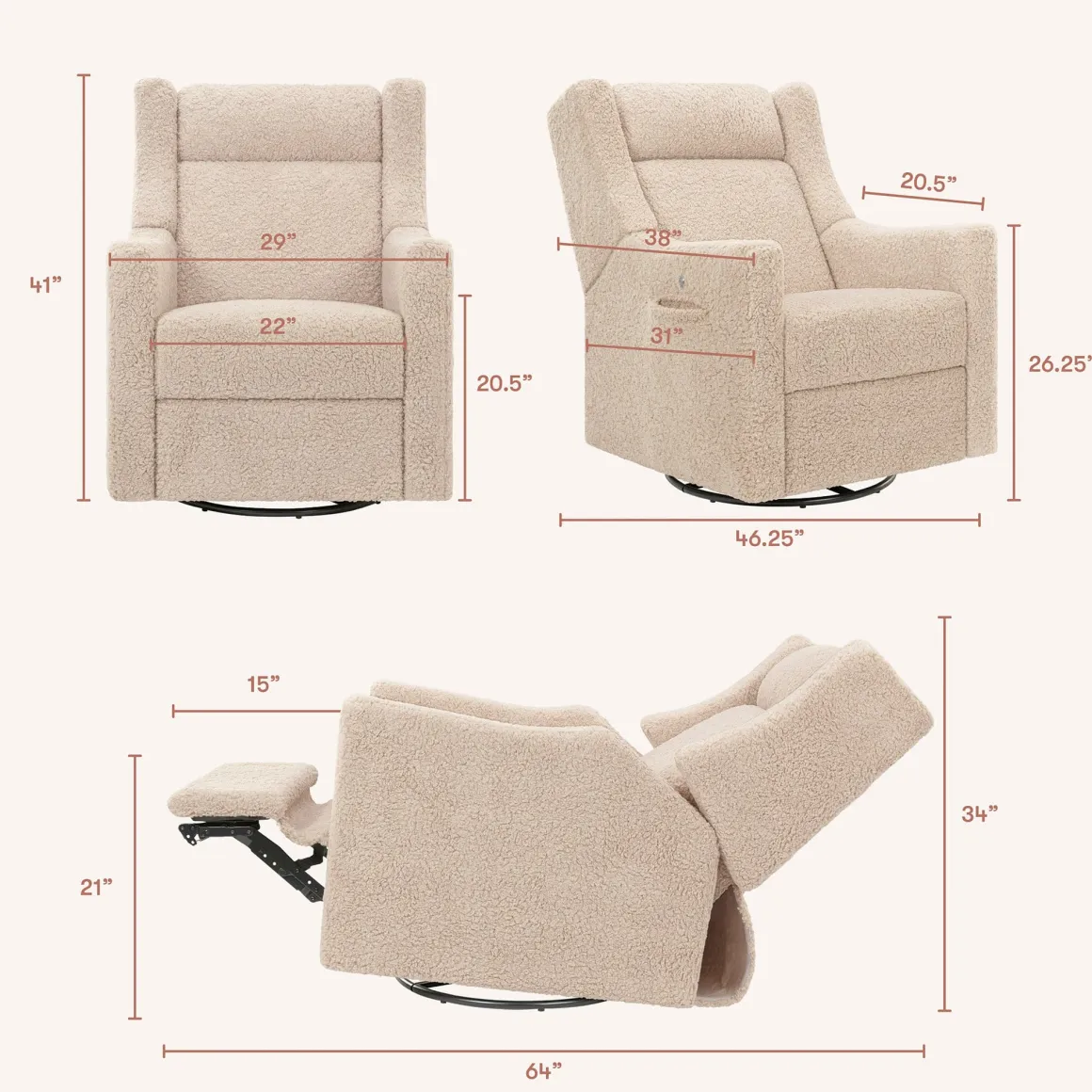 Babyletto Kiwi Deluxe Power Recliner and Swivel Glider with Heat and Massage - Chai Shearling