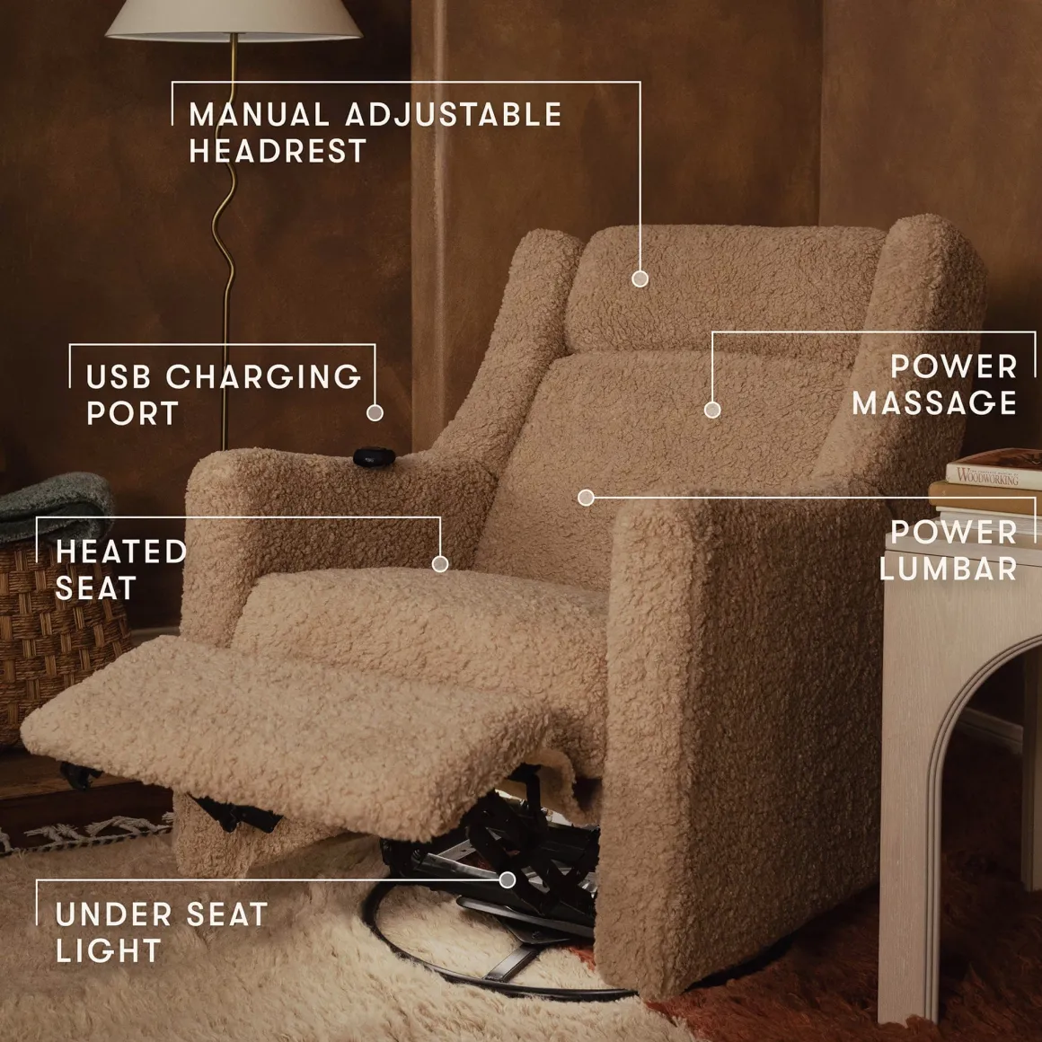 Babyletto Kiwi Deluxe Power Recliner and Swivel Glider with Heat and Massage - Chai Shearling