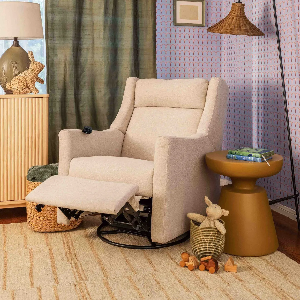 Babyletto Kiwi Deluxe Power Recliner and Swivel Glider with Heat and Massage - Performance Beach Eco-Weave