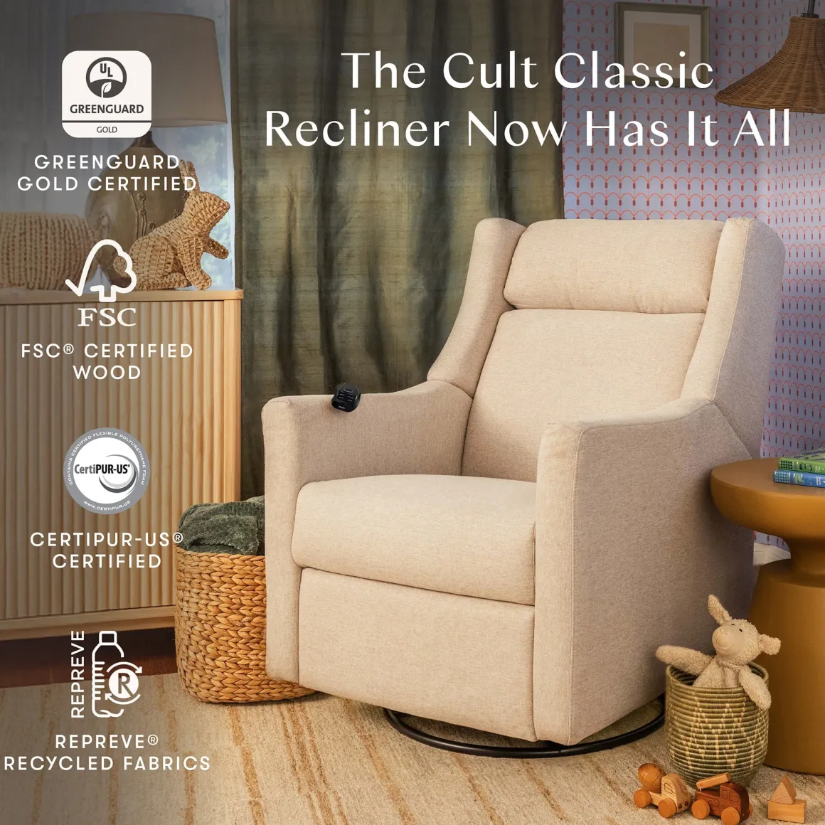 Babyletto Kiwi Deluxe Power Recliner and Swivel Glider with Heat and Massage - Performance Beach Eco-Weave