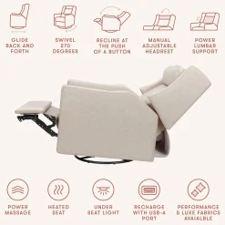 Babyletto Kiwi Deluxe Power Recliner and Swivel Glider with Heat and Massage - Performance Beach Eco-Weave