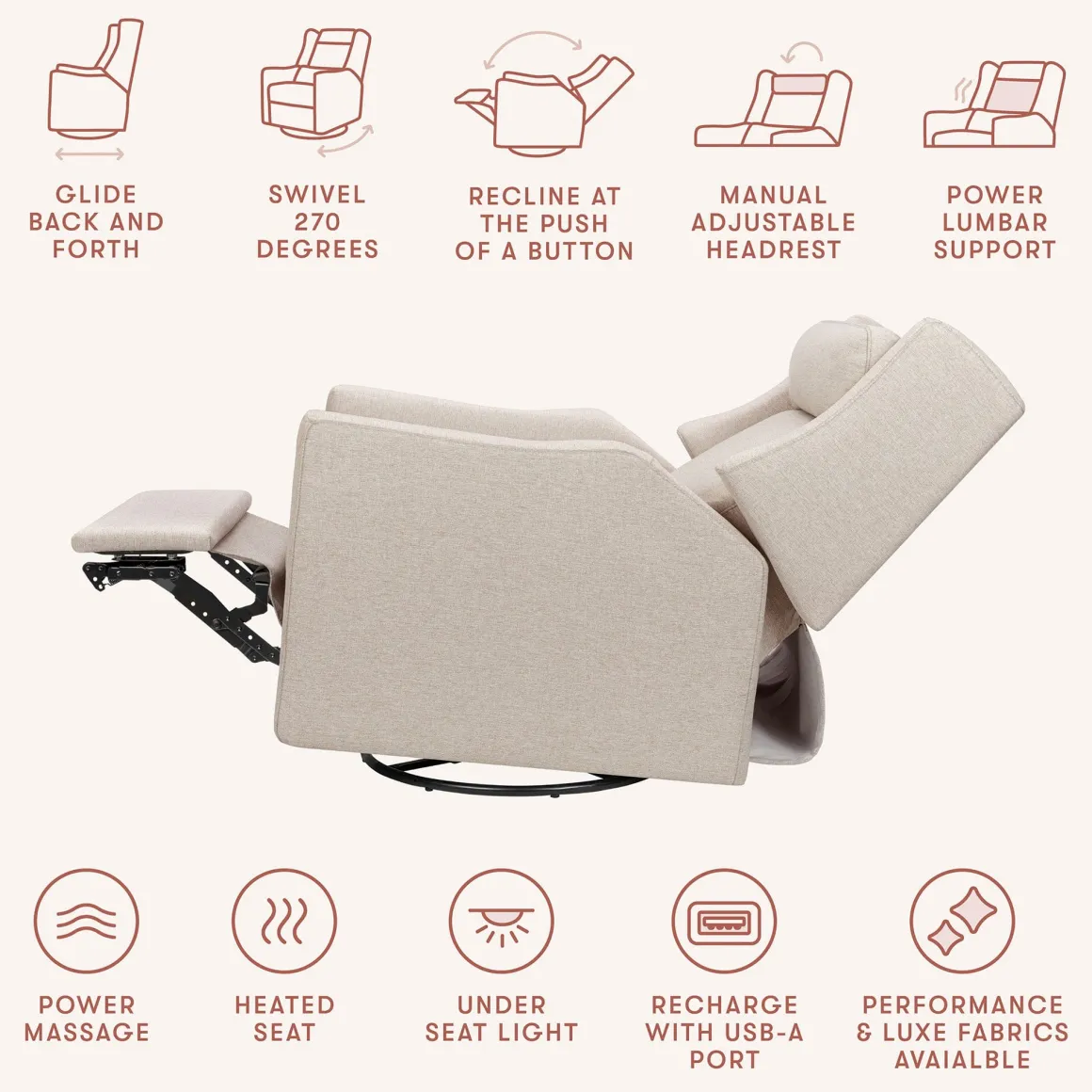 Babyletto Kiwi Deluxe Power Recliner and Swivel Glider with Heat and Massage - Performance Beach Eco-Weave