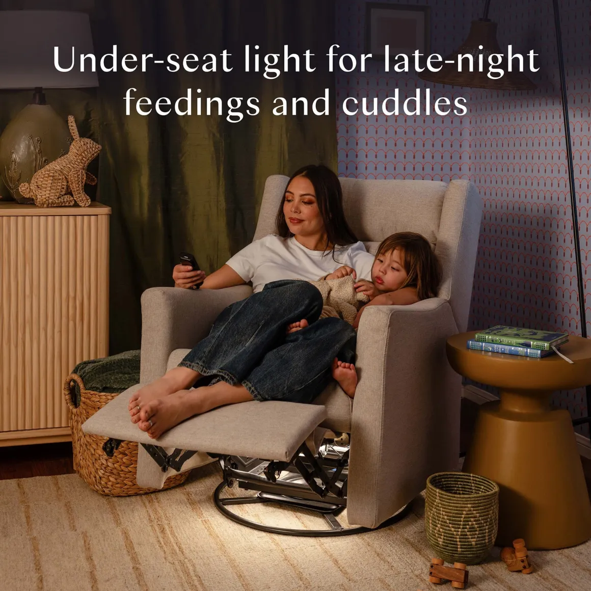 Babyletto Kiwi Deluxe Power Recliner and Swivel Glider with Heat and Massage - Performance Beach Eco-Weave