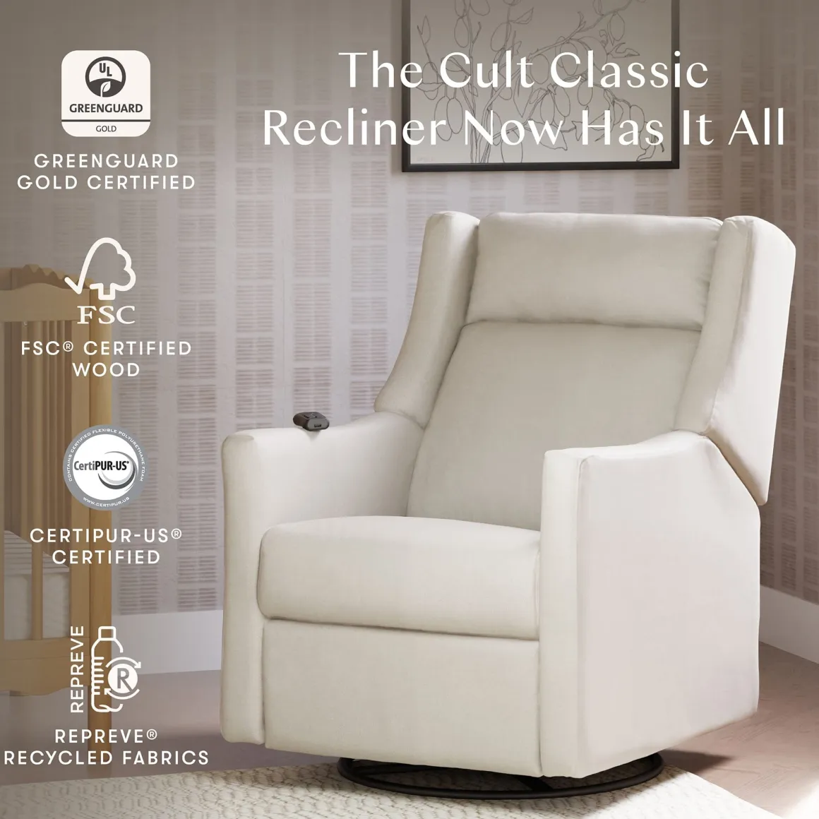 Babyletto Kiwi Deluxe Power Recliner and Swivel Glider with Heat and Massage - Performance Cream Eco-Weave