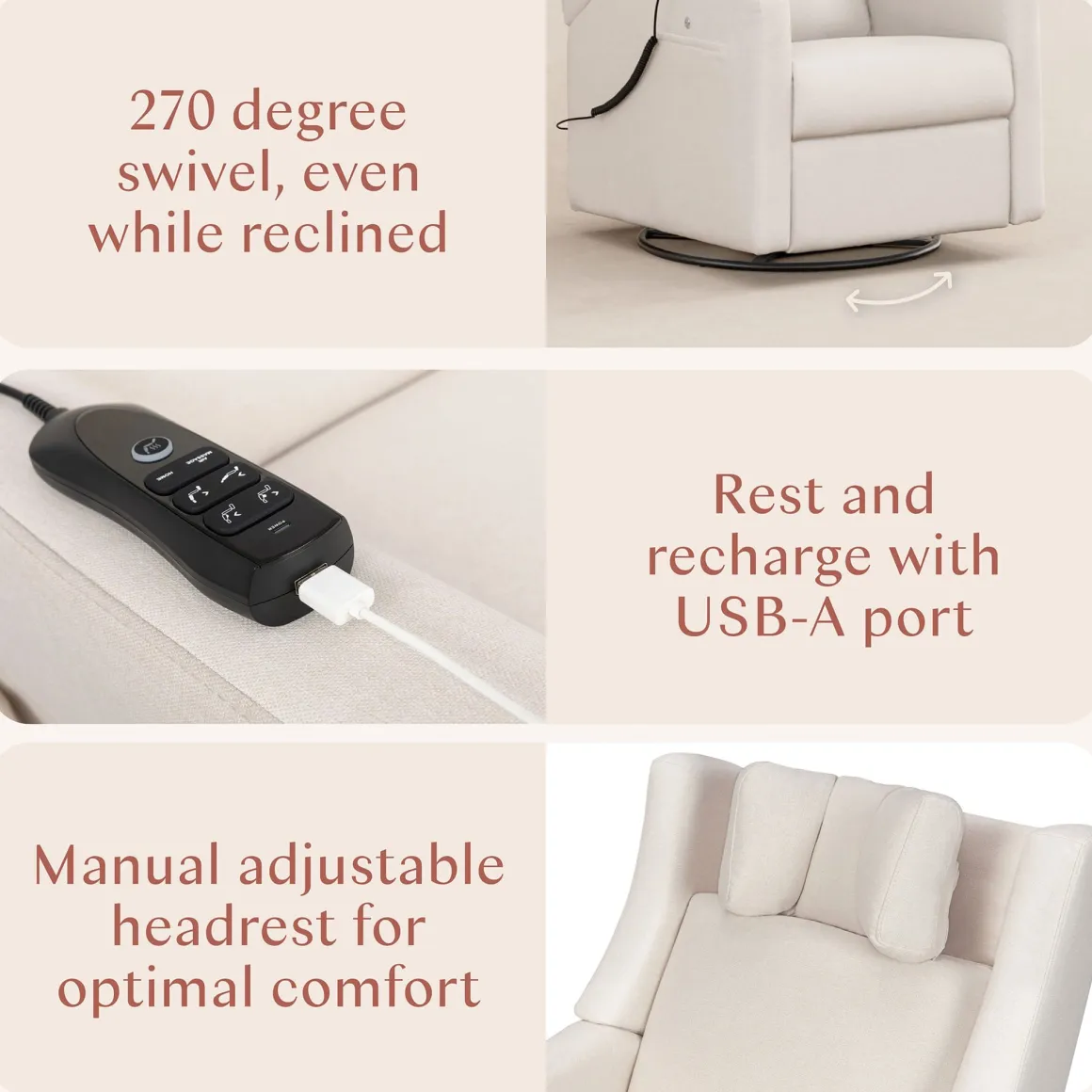 Babyletto Kiwi Deluxe Power Recliner and Swivel Glider with Heat and Massage - Performance Cream Eco-Weave