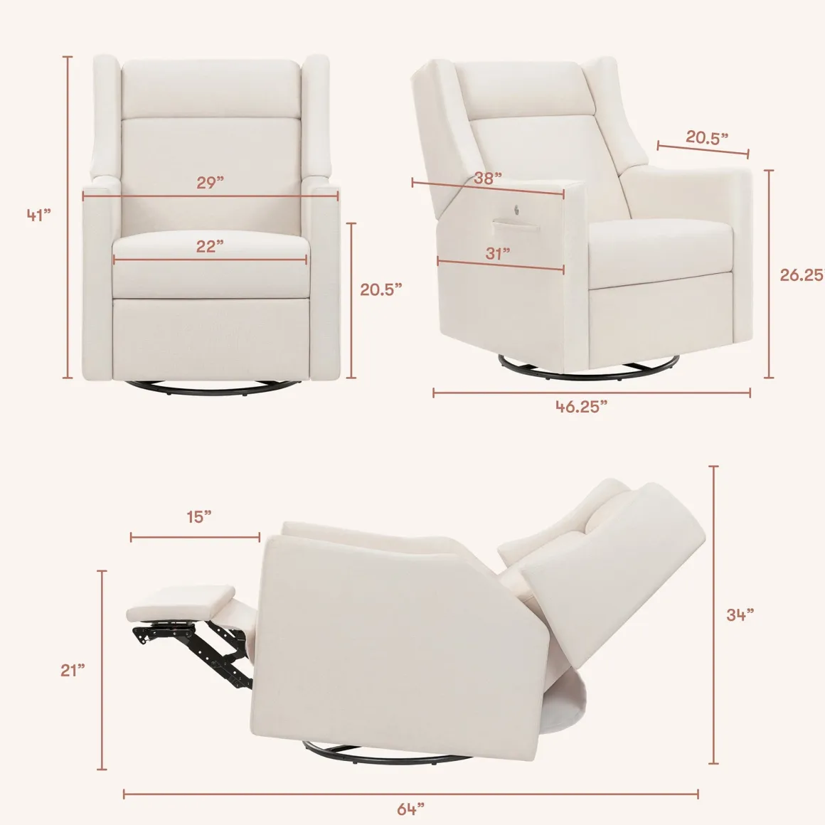 Babyletto Kiwi Deluxe Power Recliner and Swivel Glider with Heat and Massage - Performance Cream Eco-Weave