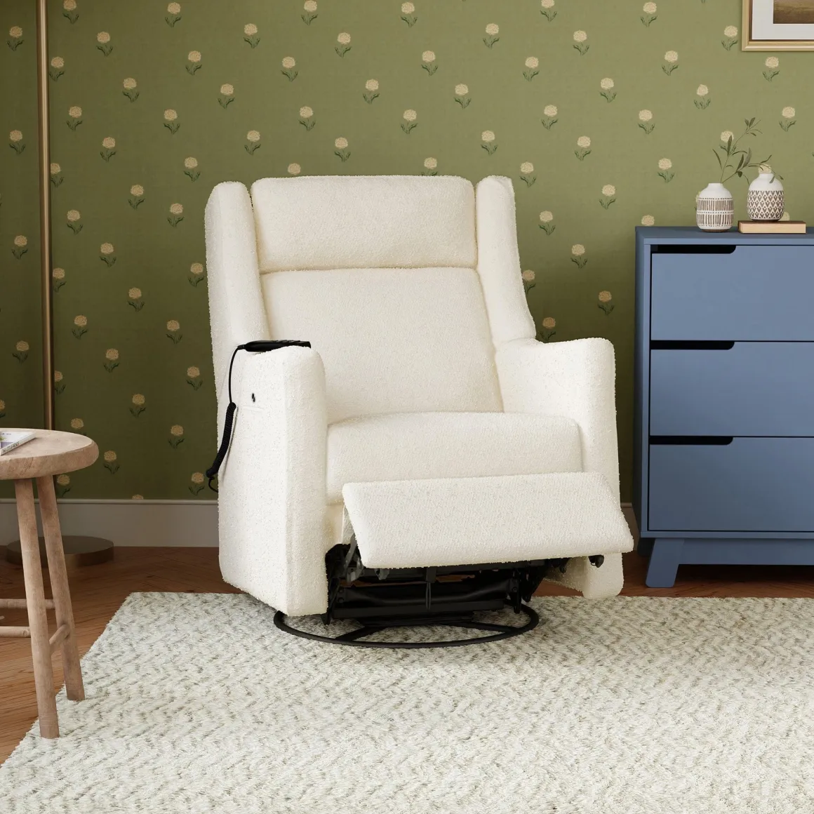 Babyletto Kiwi Deluxe Power Recliner and Swivel Glider with Heat and Massage - Performance Ivory Boucle