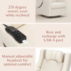 Babyletto Kiwi Deluxe Power Recliner and Swivel Glider with Heat and Massage - Performance Ivory Boucle