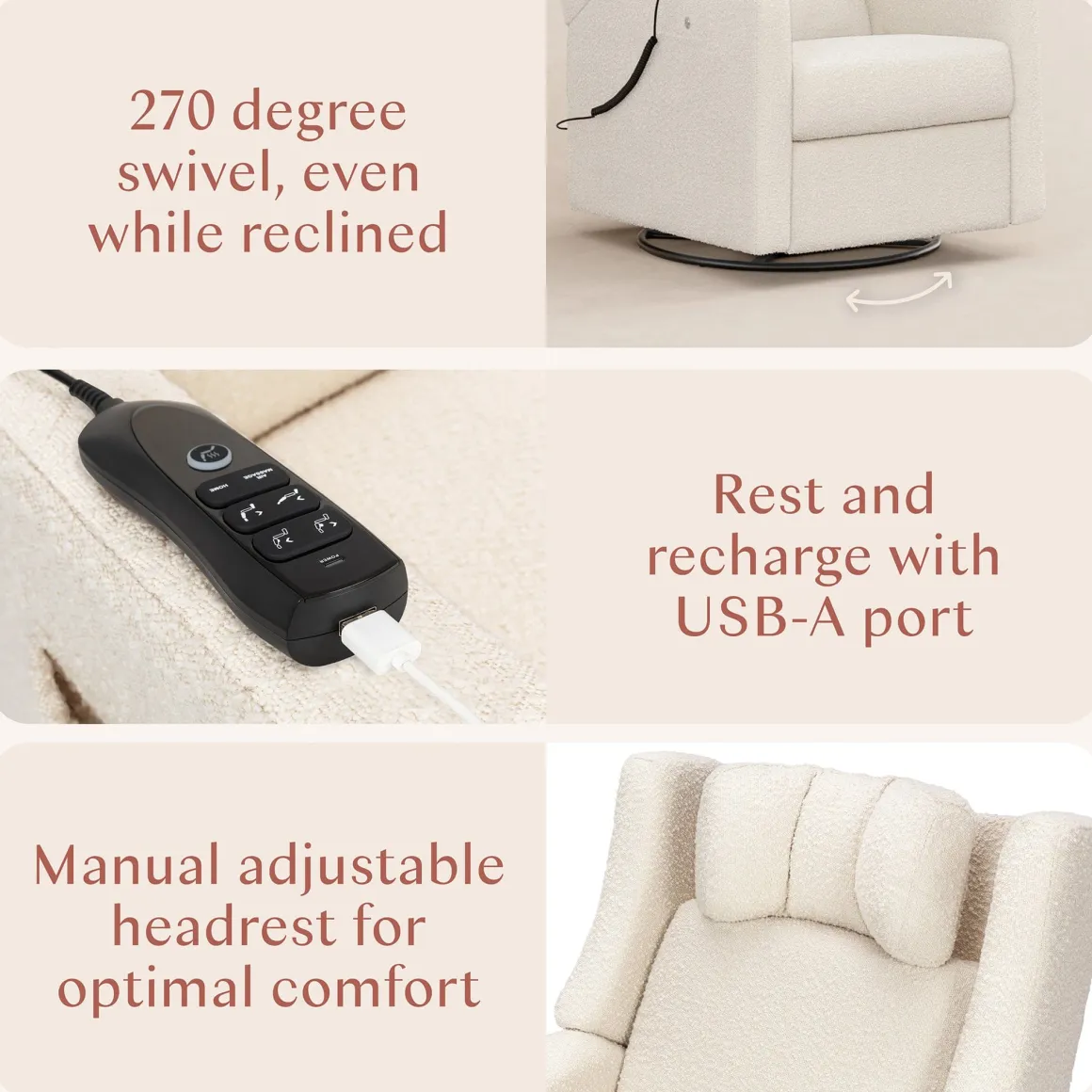 Babyletto Kiwi Deluxe Power Recliner and Swivel Glider with Heat and Massage - Performance Ivory Boucle