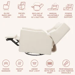 Babyletto Kiwi Deluxe Power Recliner and Swivel Glider with Heat and Massage - Performance Ivory Boucle