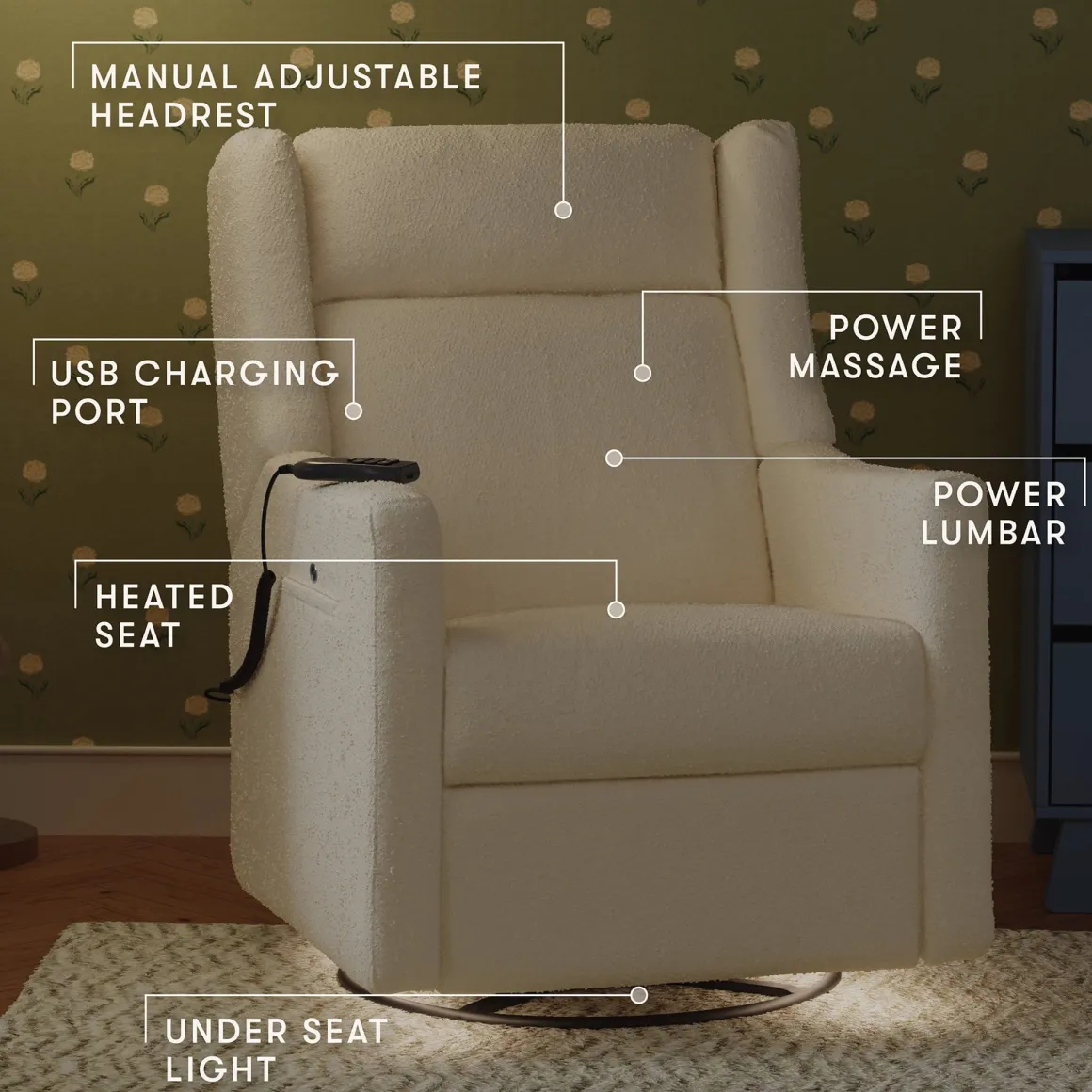 Babyletto Kiwi Deluxe Power Recliner and Swivel Glider with Heat and Massage - Performance Ivory Boucle