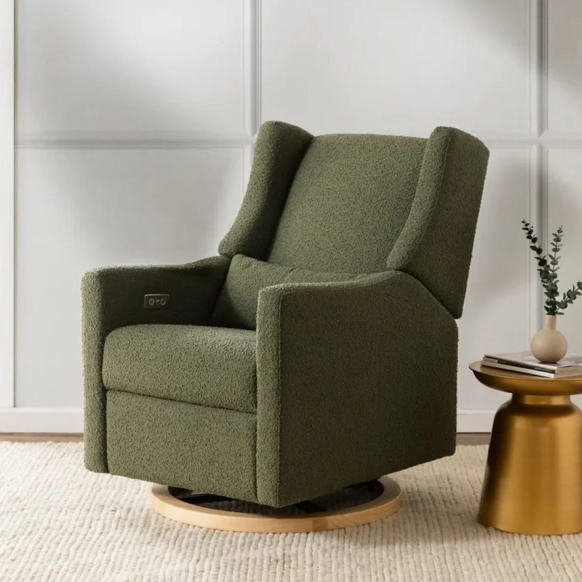 Babyletto Kiwi Electronic Glider Recliner w/ USB - Olive Boucle w/ Light Wood Base
