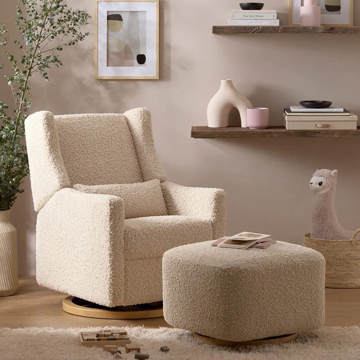 Babyletto Kiwi Gliding Ottoman - Almond Teddy Loop w/ Light Wood Base