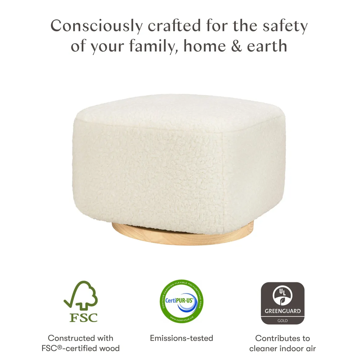 Babyletto Kiwi Gliding Ottoman - Cream Shearling with Light Wood Base